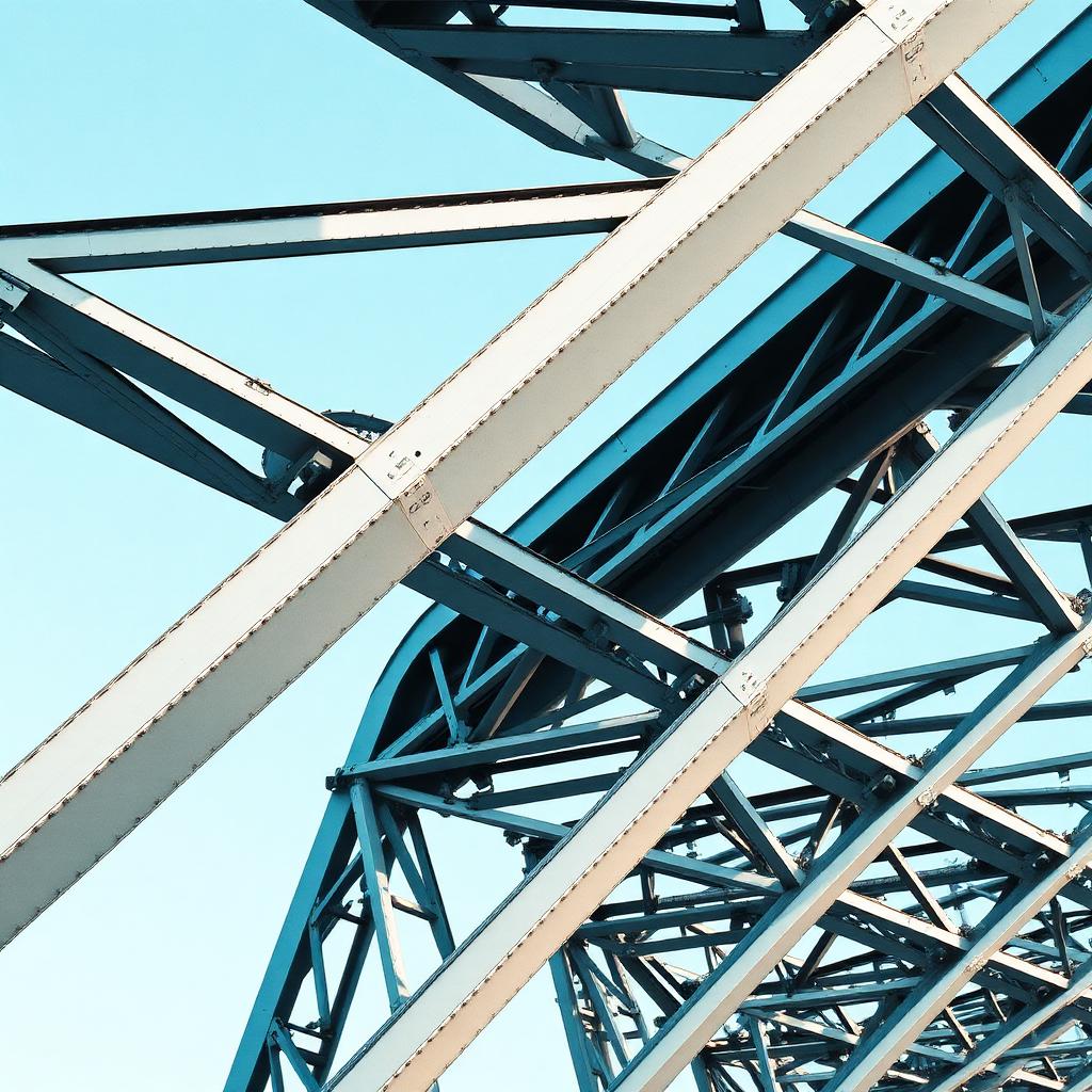 Close-up of a modern bridge showing steel truss geometry in diagonal composition.
