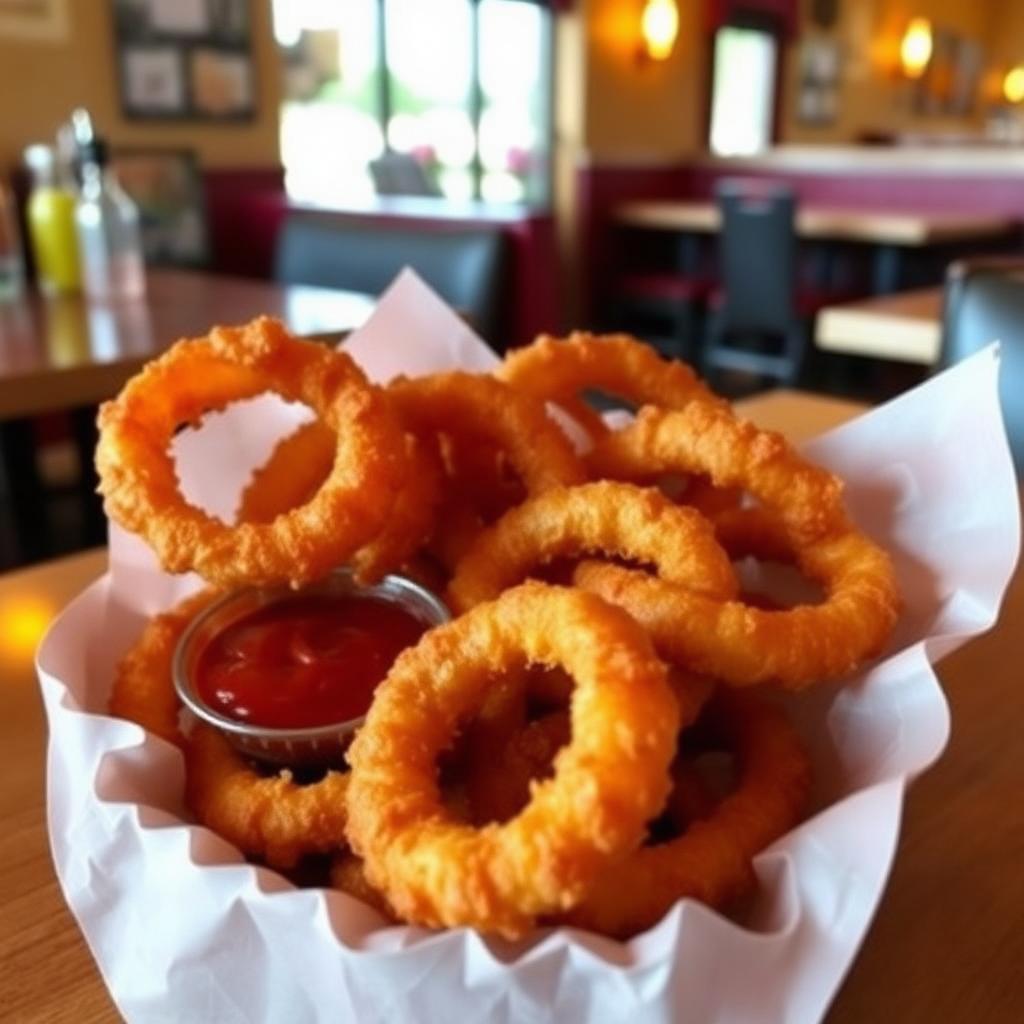 Golden crispy onion rings piled in a paper basket with ketchup dip.