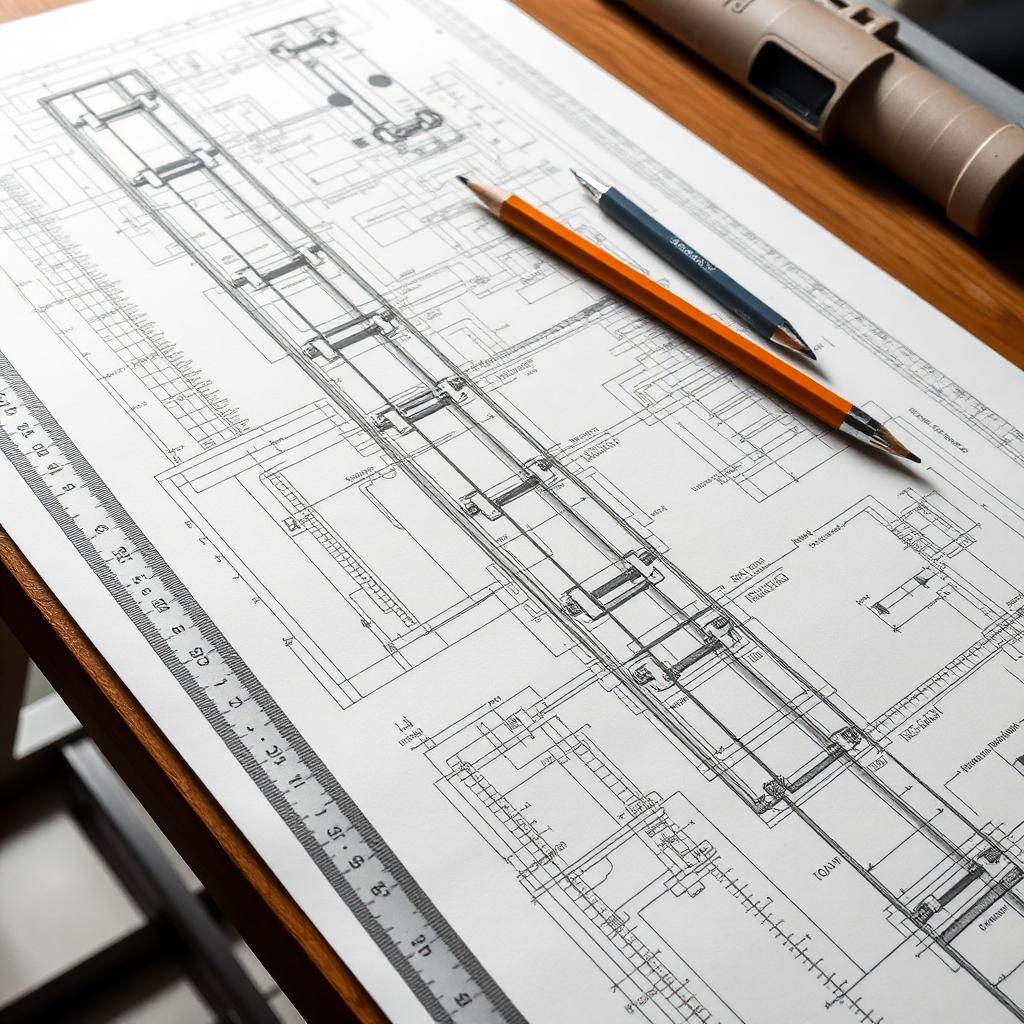 Detailed steel connection blueprints on a drafting table with pencils and ruler.