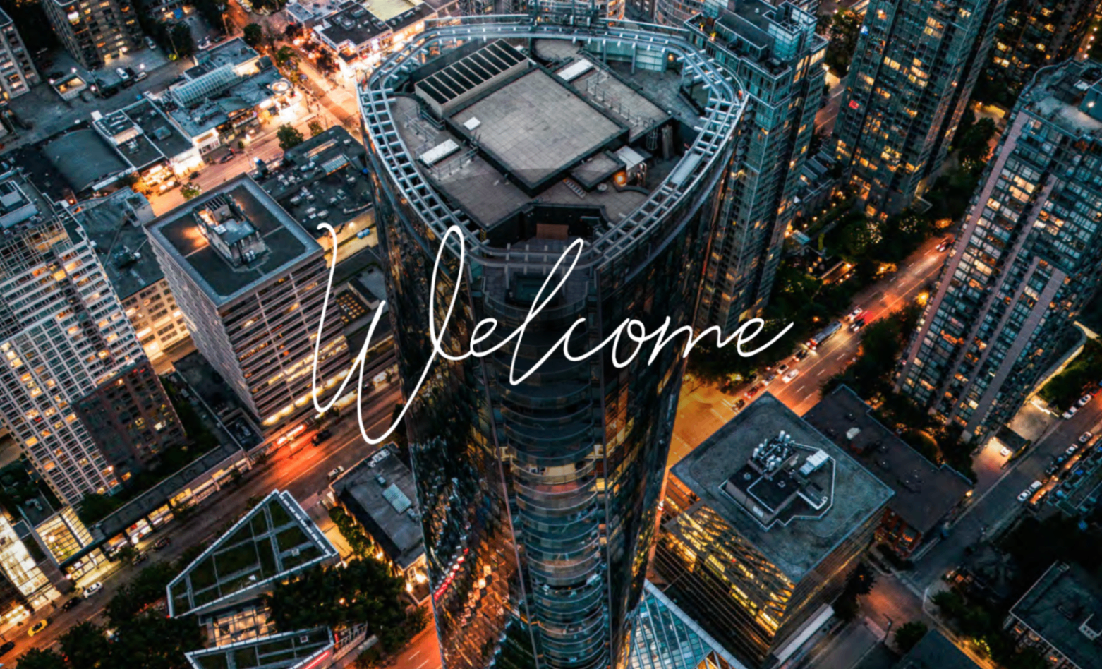 Paradox aerial city image with the word welcome overlaid on the tower.