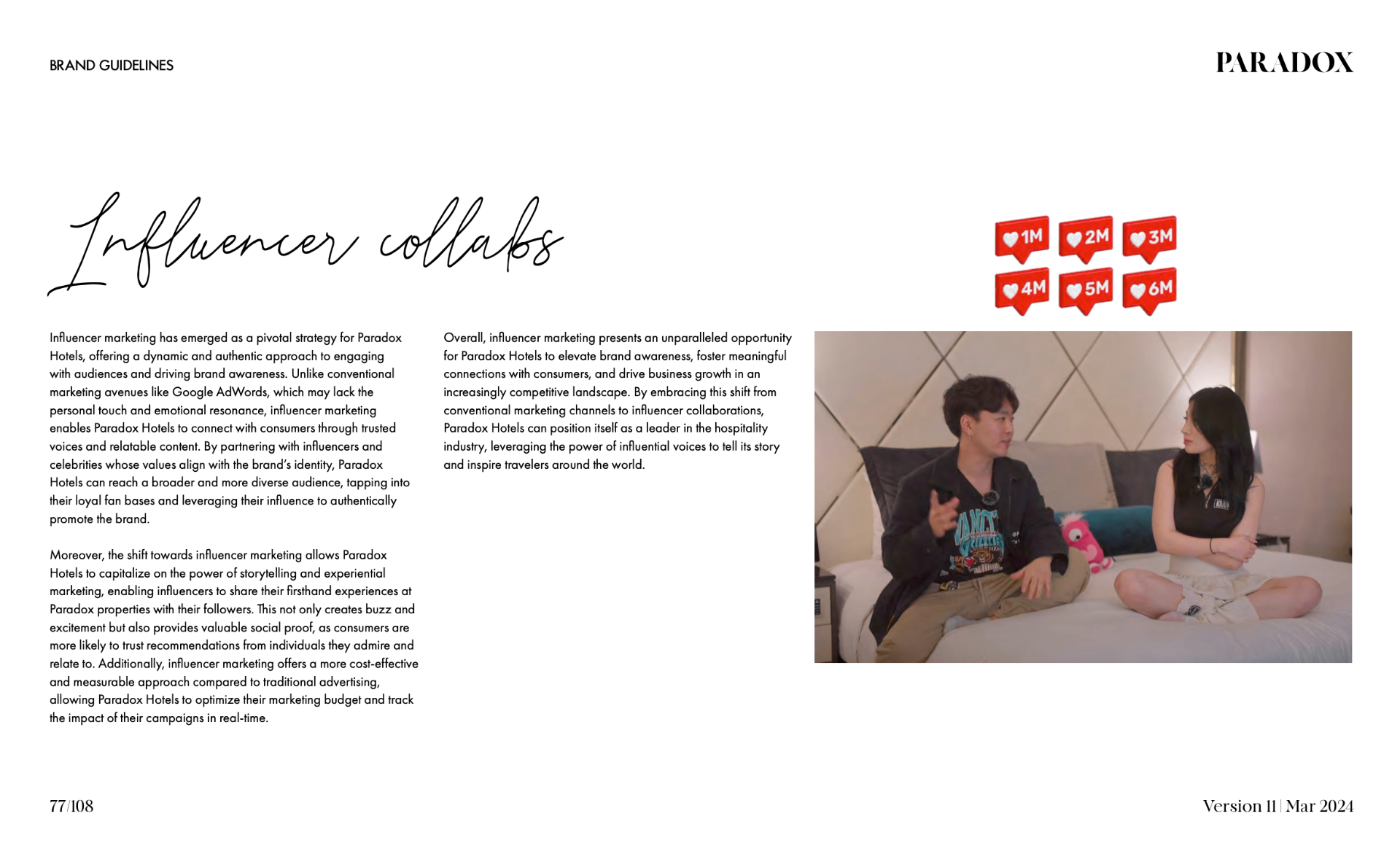 Paradox influencer collaborations guideline page showing creator campaign content and engagement icons.