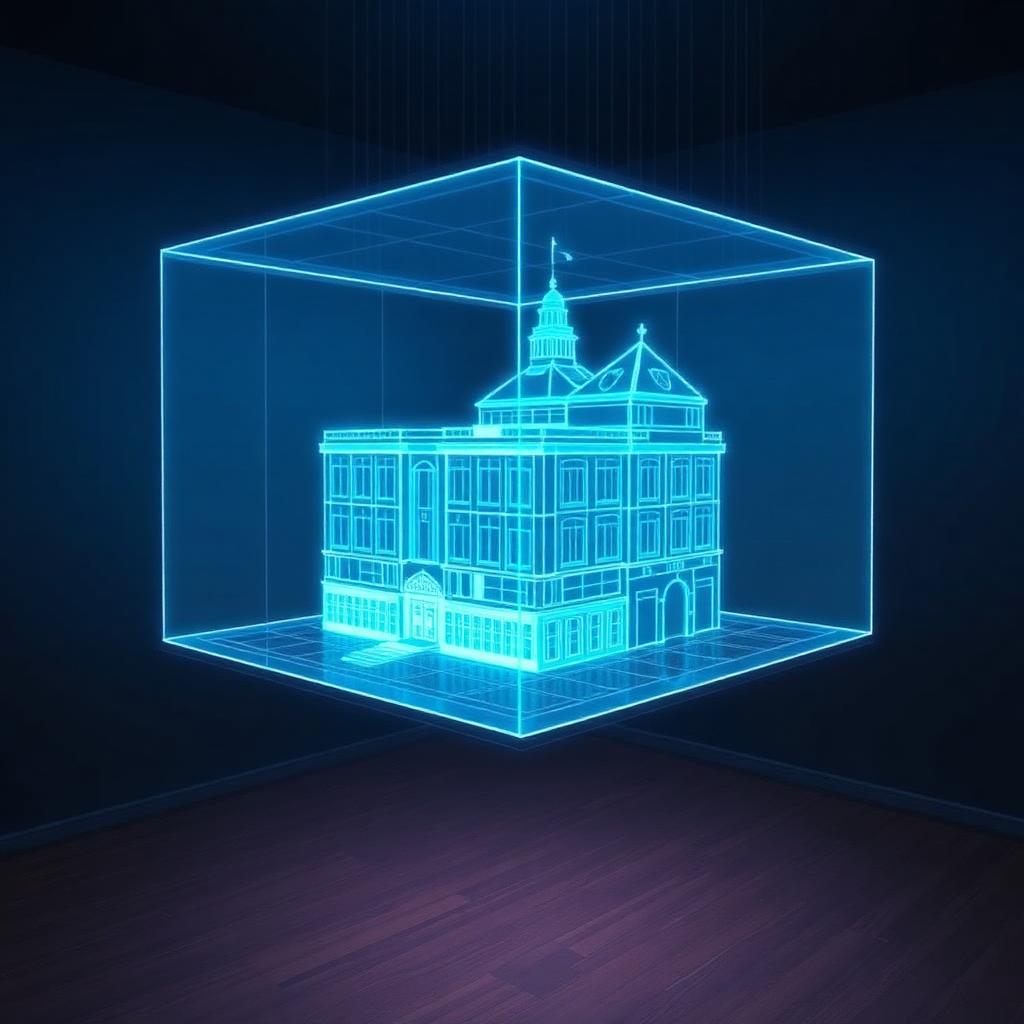 Glowing 3D wireframe architectural hologram floating in a dark room.