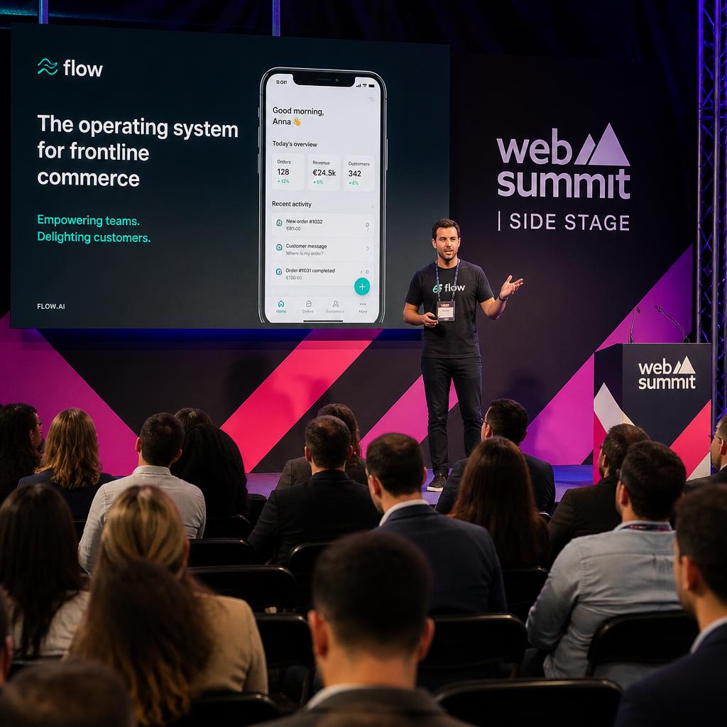 Founder pitching on a Web Summit side stage in front of an engaged investor audience.
