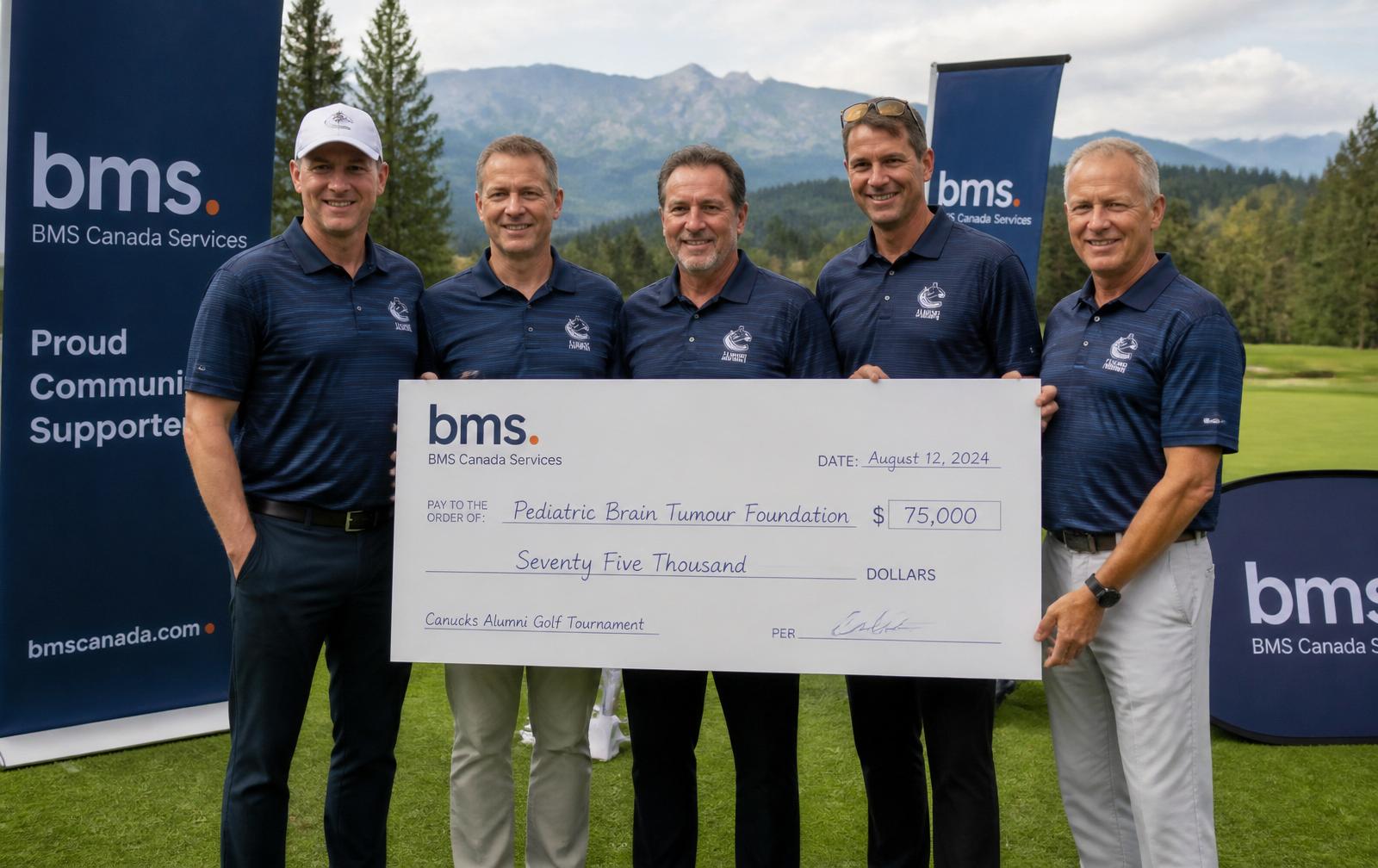 Canucks Alumni players holding a large sponsor cheque at the annual charity golf tournament.