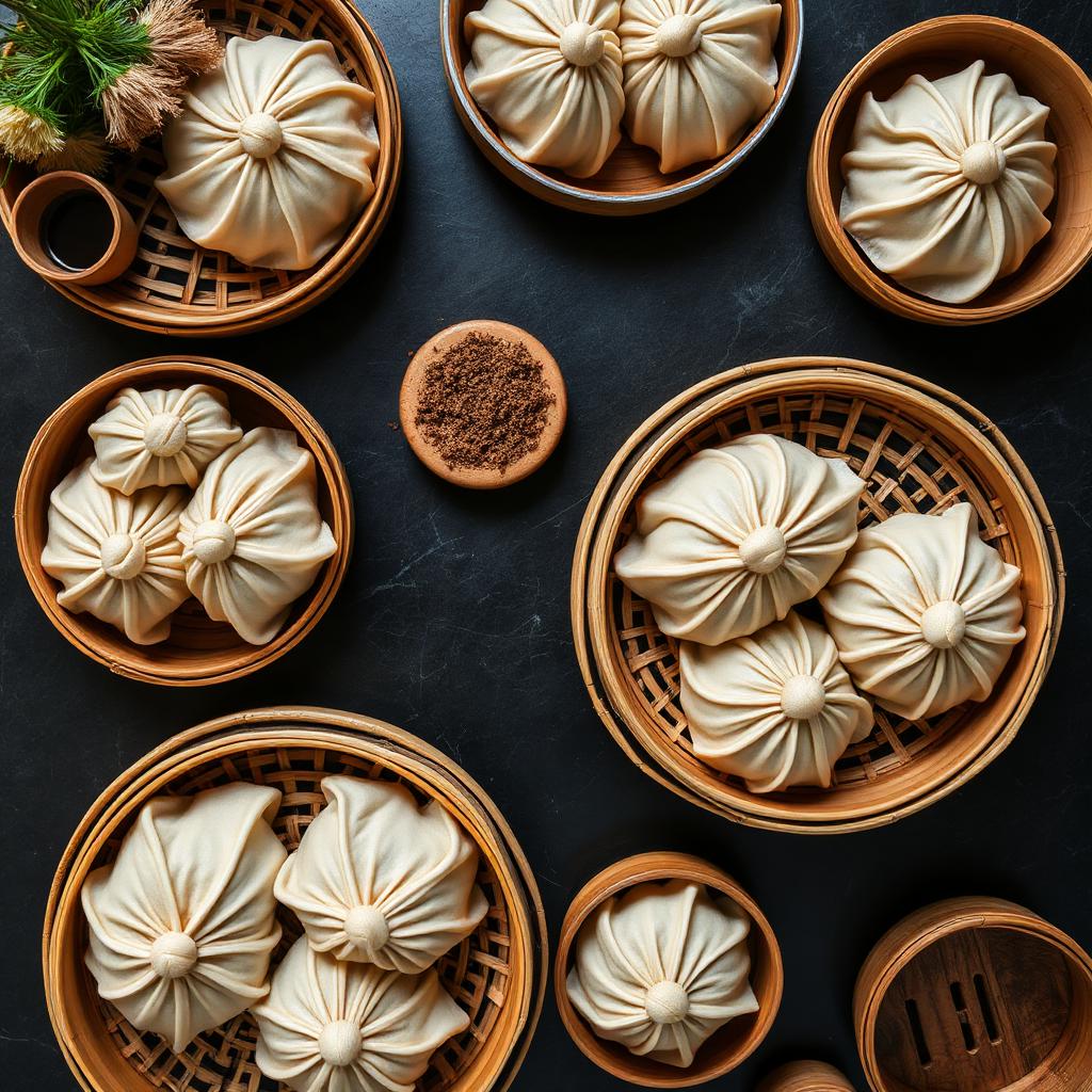 Overhead flat lay of handmade dim sum in bamboo baskets.
