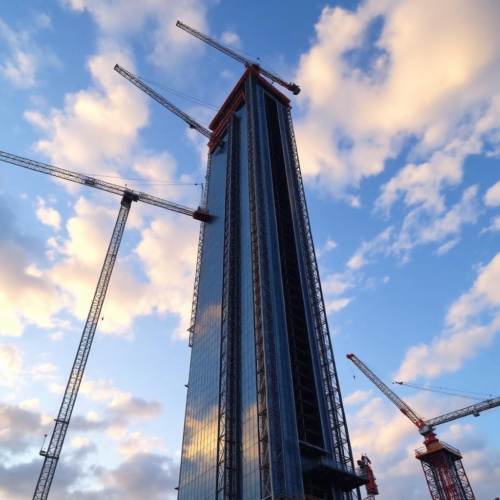 Massive steel skyscraper under construction with tower cranes and dramatic sky.