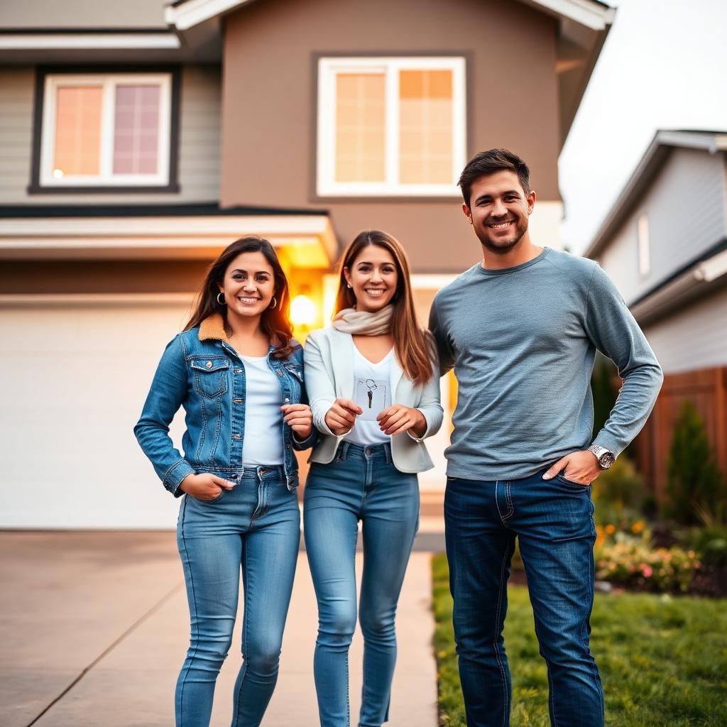 Young Canadian family with keys standing in front of a suburban home at golden hour.