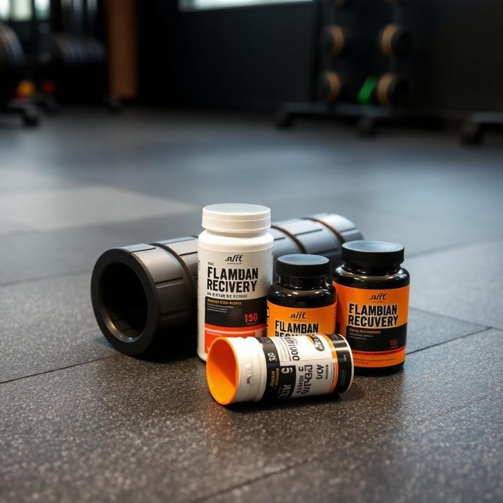 Sleek recovery product kit with foam roller and supplement bottles on a gym floor.