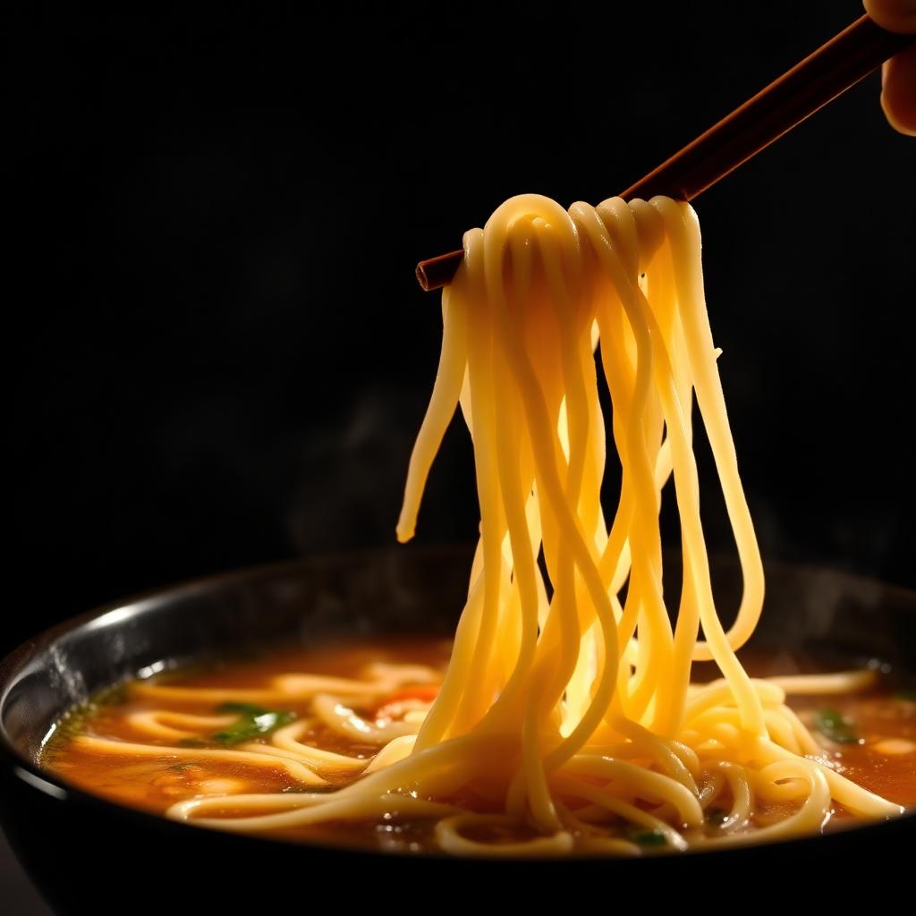 Close-up of ramen noodles lifted with chopsticks from a steaming broth, dramatic side lighting.