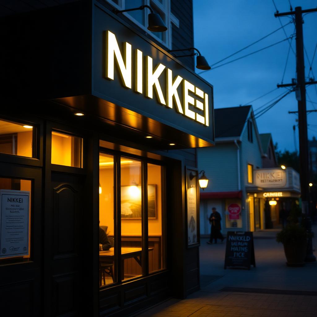 Nikkei restaurant exterior with backlit black-and-warm-white signage at dusk on a coastal BC street.