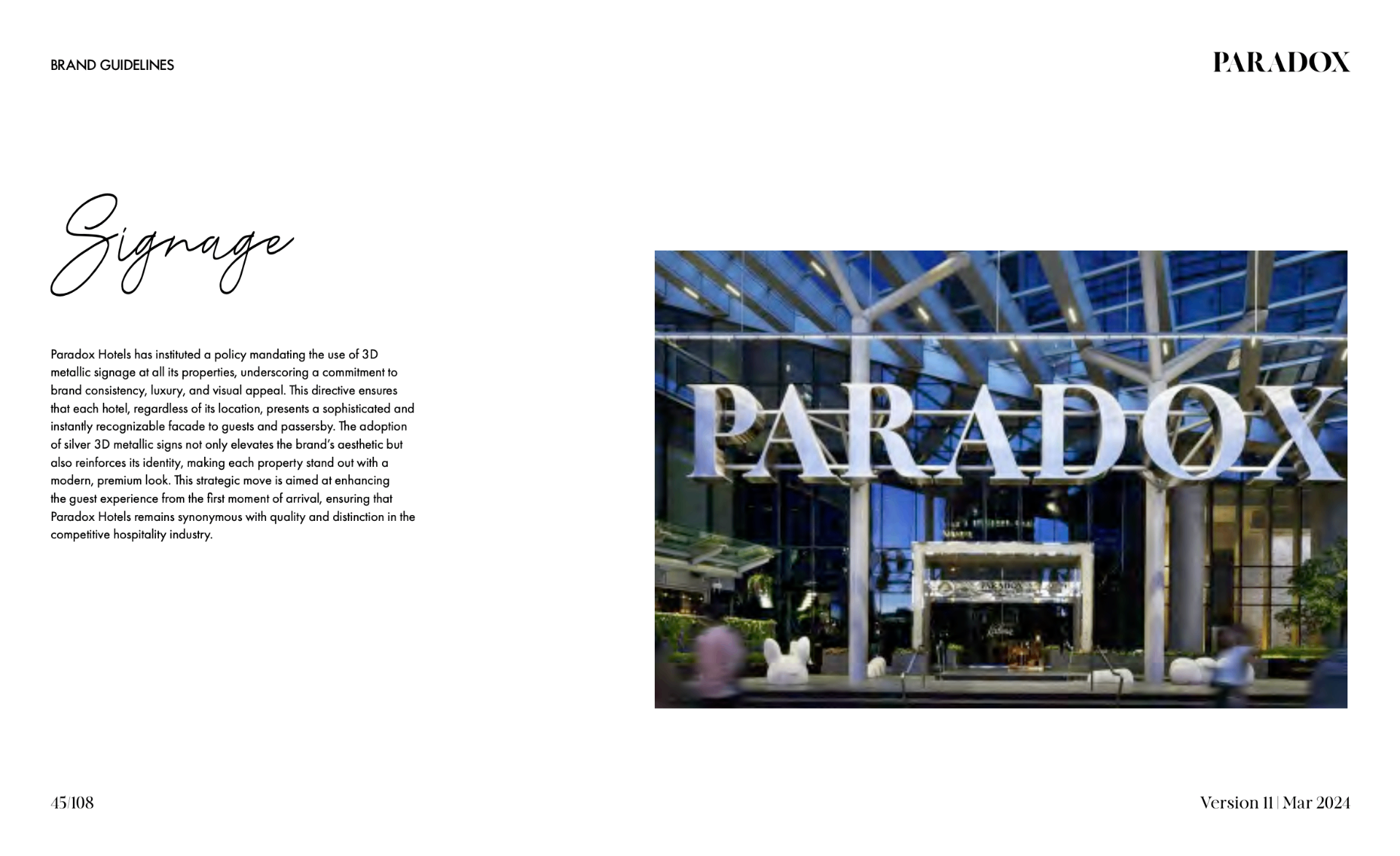 Paradox signage guideline page showing the hotel exterior sign treatment.