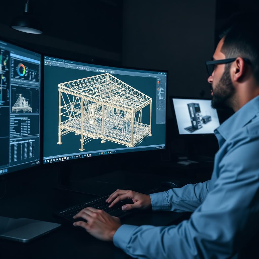 Engineer at a multi-monitor CAD workstation viewing a 3D steel structure model.