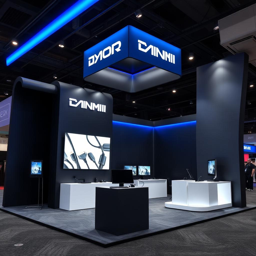 Storhm tradeshow booth with matte black architecture, cool blue accent lighting, and product displays.