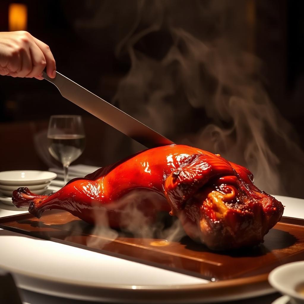 42-day apple wood roasted Peking duck being carved tableside.