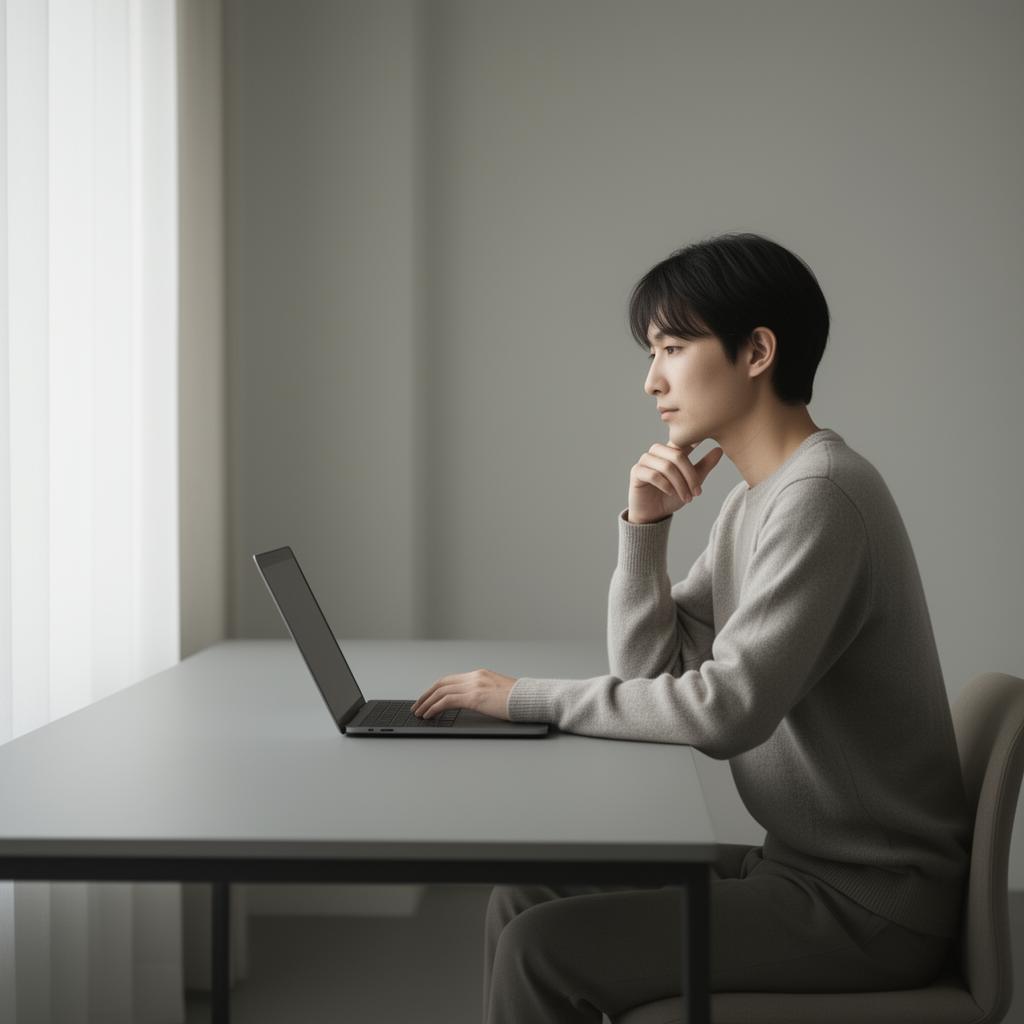 A person working thoughtfully at a minimal desk